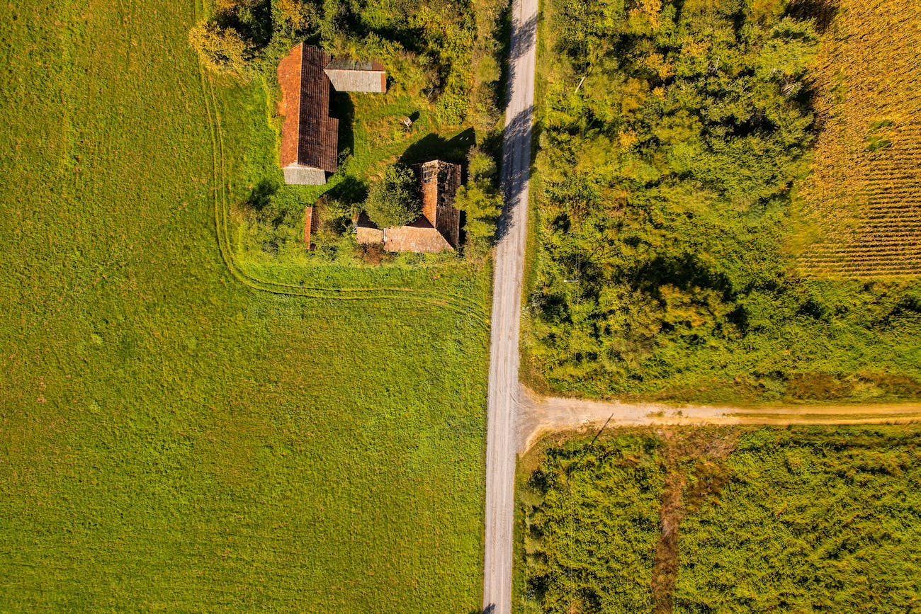 Aerial view of rural land and property